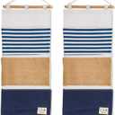 Juvale 3 Pocket Hanging Wall Organizer - Space-Saving Over-Door Storage - Vertical Wall Hanging Storage - Collapsible Fabric Mail Holder - 11.75"x 27", 2-Pack, Linen & Wood, White/Navy Blue/Brown