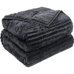 Sherpa Fleece Adult Weighted Blanket with Ribbed Stripes, 15 Pounds Dual Sided Soft Plush Blanket for Couch Bed Sofa, Heavy Thick Blankets with Ceramic Beads Great for Sleep, Dark Grey, 48" x 72"