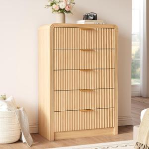 Decofy 48" H Fluted 5-Drawer Dresser for Bedroom, Natural Oak, 15.6"D x 31.5"W x 48"H