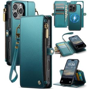 For iPhone 16 Pro Max Wallet Case Magnetic Compatible with Magsafe RFID Blocking Card Holder Zipper Strap Detachable Drop-proof Protective Phone Cases for iPhone 16 Pro Max 6.9, Turquoise