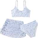 COZYEASE Girls' 3 Piece Set Floral Print Bikini Swimsuit with Drawstring Beach Skirt Cute Ruched Bathing Suit (9 Years, Blue Graphic White)