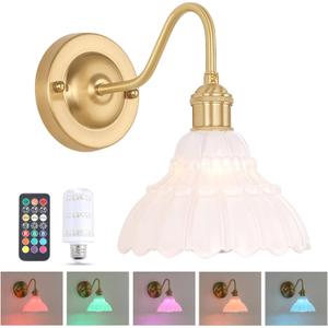 Shenmoyl Battery Operated Wall Sconce, Vintage Rechargeable Wall Lights with White Lily Glass Shade, Wireless Indoor Wall Lamp for Bedroom Living Room Bathroom Hallway, Short Lily-White, 1Pack-Battery Operated