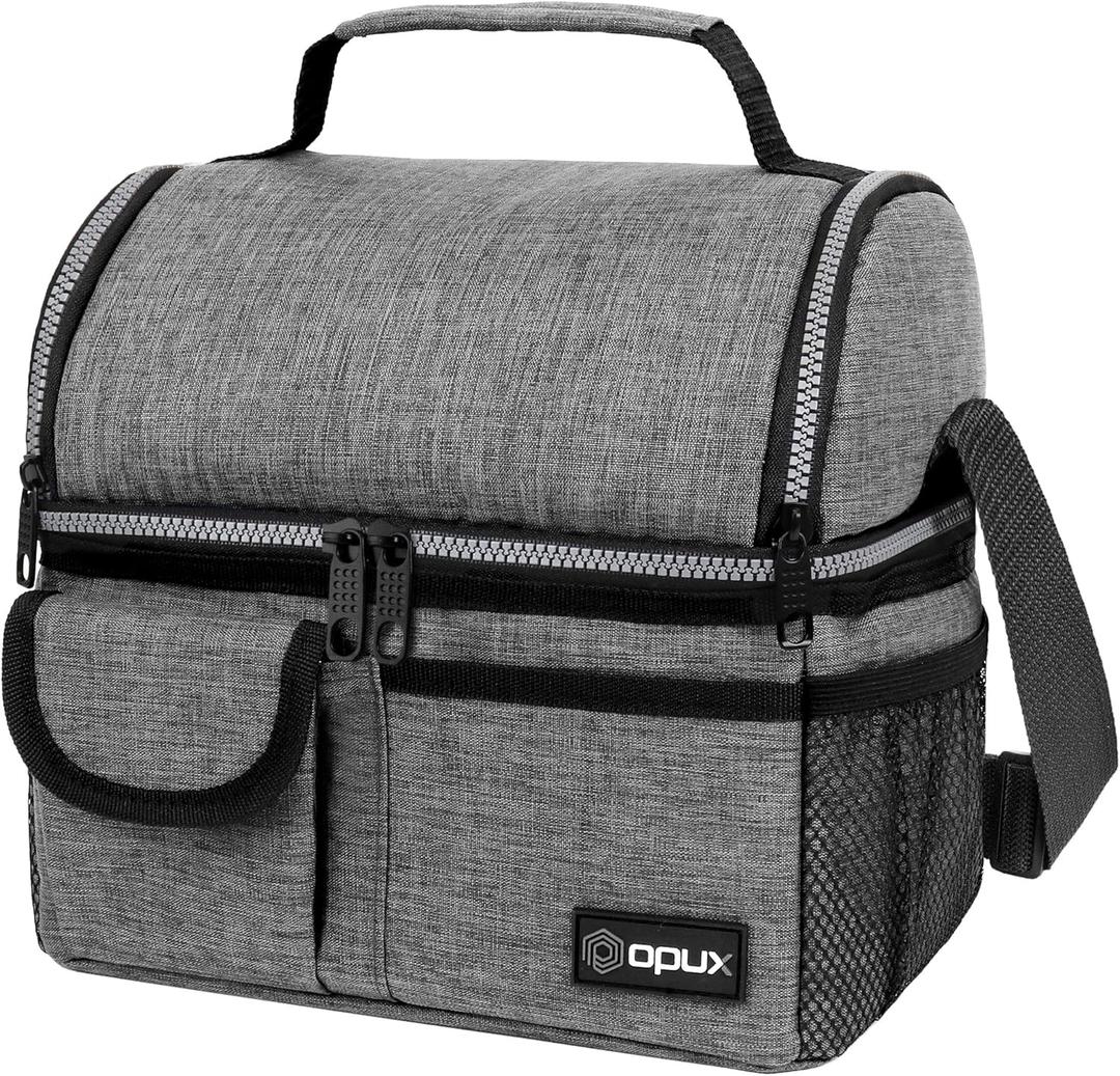 opux Insulated Lunch Bag Women Men, Dual Compartment Leakproof Lunch Box Adults Kids, Double Decker Meal Prep Bento Lunch Cooler Tote with Shoulder Strap for Work Office School Travel, Gray
