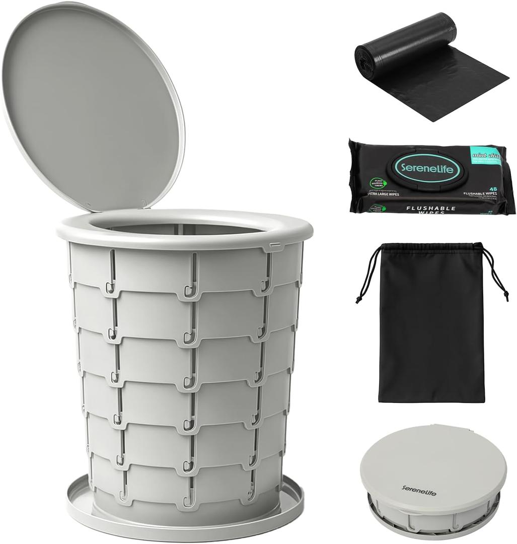 SereneLife Portable Camping Toilet  Foldable Travel Potty with Adjustable Height, Up to 350 lbs Capacity, Lid, Non-Slip Base, Carry Bag + Flushable Wipes, for Outdoor, Hiking & Car Use (Standard, Gray)