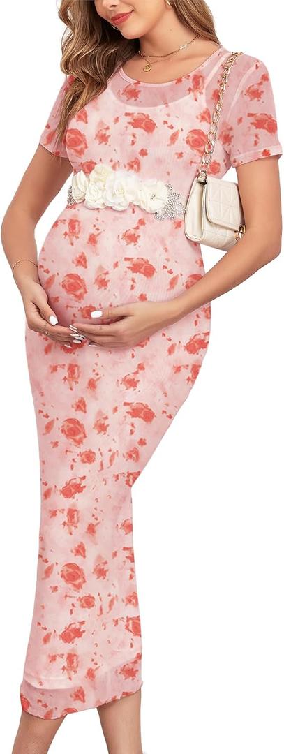 AISWI Maternity Mesh Dress Ruched Side Round Neck Pregnancy Dresses Baby Shower Wedding Guest Cocktail Party
