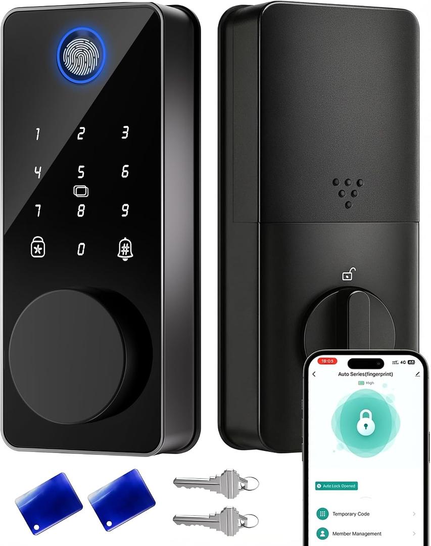 Smart Deadbolt Lock, Fingerprint Keyless Entry Door Lock App Control, Electronic Touchscreen Keypad, Auto Locking, IP54 Weatherproof, Easy Install Digital Deadbolt for Front Door