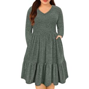 CARCOS Plus Size Dresses for Curvy Women Crew/Vneck Long Sleeve Dresses Ladies Knee Long Fall Winter Dress with Pocket, Small