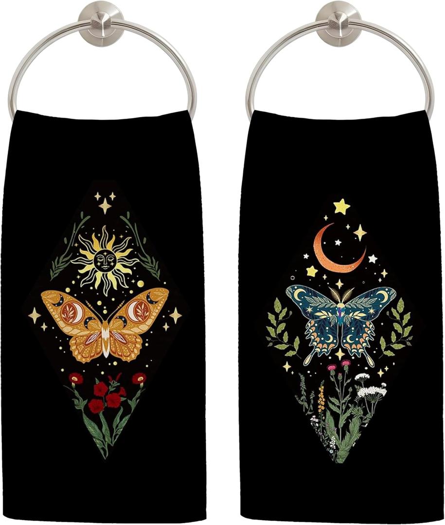 Boho Witchy Celestial Kitchen Towels, Mystical Butterfly Floral Hand Towels for Bathroom Decor, Boho Sun and Moon Witch Astrology Dish Tea Towel for Kitchen Decor, 16x24 Inch Set of 2