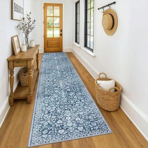 Vintage Runner Rugs for Hallway 3x14, Blue and White Washable Long Hallway Runner Rug Non Slip, Super Soft Kitchen Runner Rug, Print Faux Wool Floral Thin Carpet Hall Runner