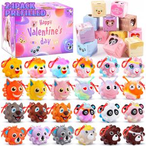 Valentines Day Gifts for Kids, 24 Pack Prefilled Valentines Box with 3D Animal Pop Balls, Valentines Party Favors School Classroom, Valentines for Class, Valentines Exchange Gifts for Boys Girls