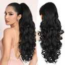 ALXNAN Ponytail Extension,24 Inch Claw Clip in Long Curly Wavy Black Ponytail Hair Extension Jaw Clip on Pony Tails Hairpiece for Women, 1B