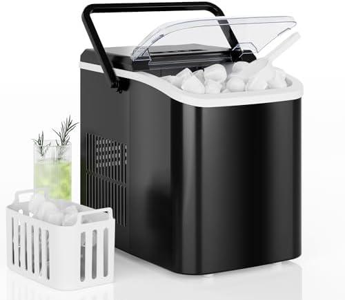Countertop Ice Maker with Handle, 26lbs/24H Portable Ice Machine, 9 Bullet Ice Cubes Ready in 6 Mins, Self-Cleaning, Quiet Compact Ice Maker for Home, Kitchen, RV, Camping, Black : Appliances