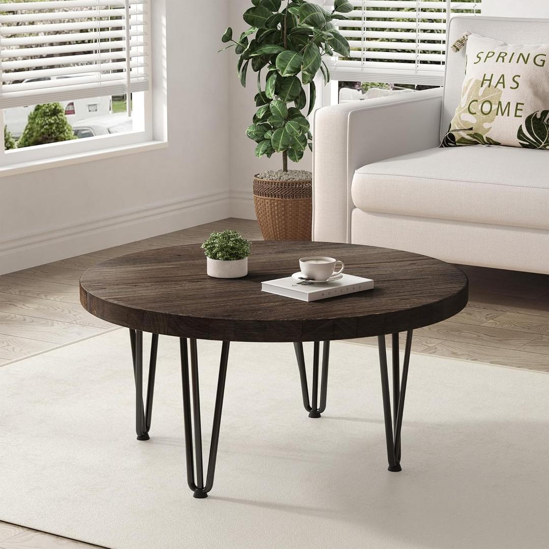 Rustic Wood Round Coffee Table with Metal Legs, Solid Elm Wood Top and Non-Slip Feet Pads - Farmhouse Style for Living Room, Walnut (Walnut Round)