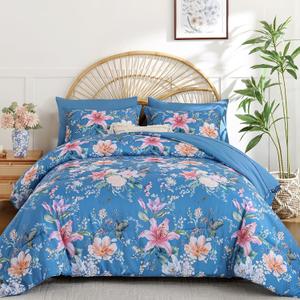 Drucon Queen Comforter Set - 7 Pieces Floral Sky Blue Soft Bedding Sets, Queen Bed in a Bag with Botanical Flowers Comforter, Sheets, Pillowcases & Shams