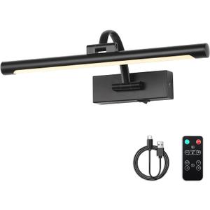 Picture Lights Battery Operated with Remote and Dimmable Function, Rechargeable Gallery Light Black Art Light Wireless Painting Lights 16'' Inch for Display, Portrait, Artwork, Warm White