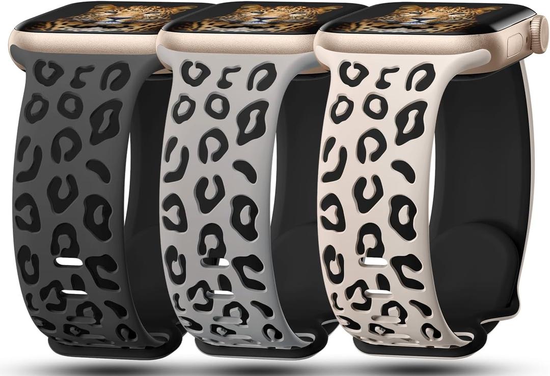 3 Pack Leopard Engraved Bands Compatible with Apple Watch Band 41mm 40mm 38mm 42mm 44mm 45mm 46mm 49mm Women, Soft Silicone Cheetah Embossed Sport Strap for iWatch Series 10 9 8 7 6 5 4 3 2 1 Ultra