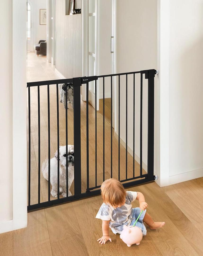 COMOMY 36" Extra Tall Baby Gate for Stairs Doorways, Fits Openings 29.5" to 46" Wide, Auto Close Extra Wide Dog Gate for House, Pressure Mounted Easy Walk Through Pet Gate with Door, Black