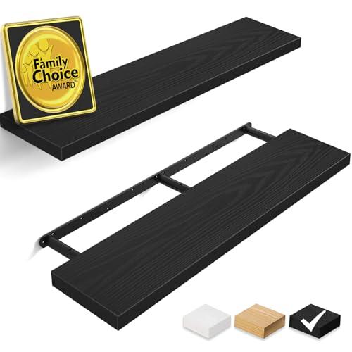BAYKA Floating Shelves for Wall, 36 inches Long Wall Mounted Rustic Wood Shelves for Bathroom, Bedroom, Living Room, Kitchen, Office, Hanging Shelf for Books/Storage/Decor(Black,Set of 2)