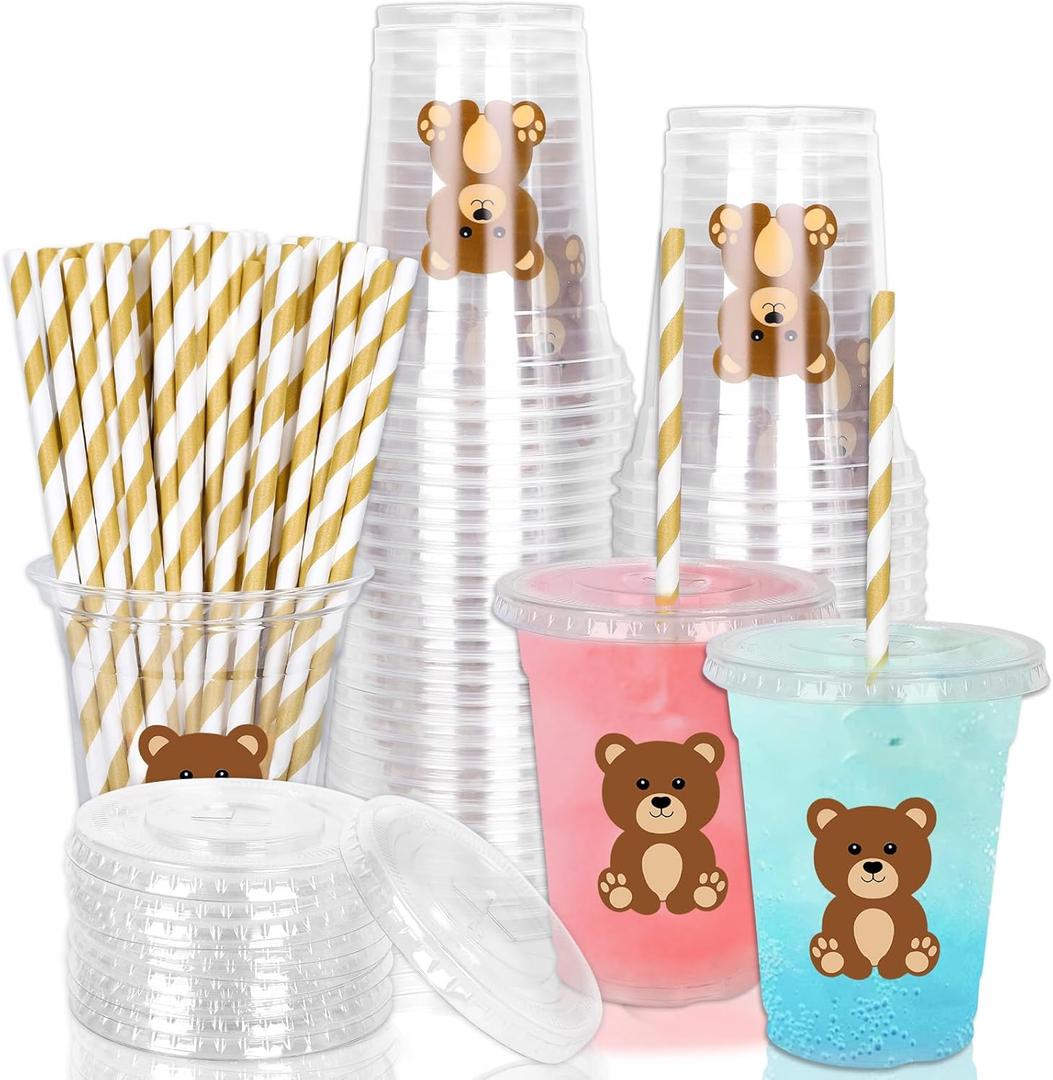 Whaline 50Pcs Bear Disposable Plastic Cups with Lids and Straws 12oz Cute Brown Bear Party Cups Cold Beverage Drinking Cups for Baby Shower Birthday Party Supplies