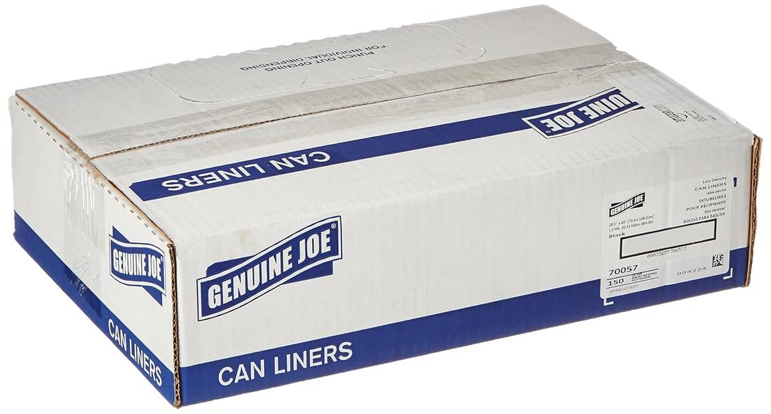 Genuine Joe Low Density Can Liners, 28.5" x 43", 23 gal Capacity, 1.0 mil, Black, Fits Slim Jim Receptacles, 150 Count