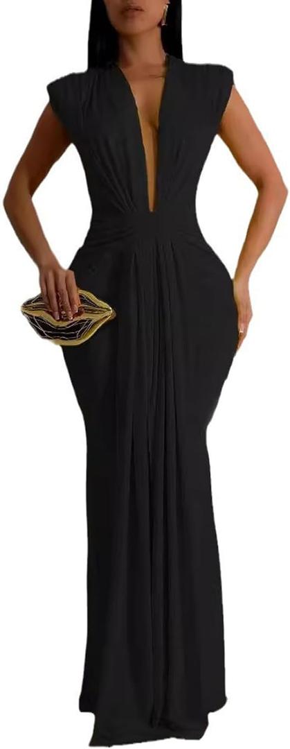 Ekaliy Elegant Bodycon Maxi Dresses for Women Deep V Neck Maxi Dress Mermaid Long Dress Gowns and Evening Dresses Black XL