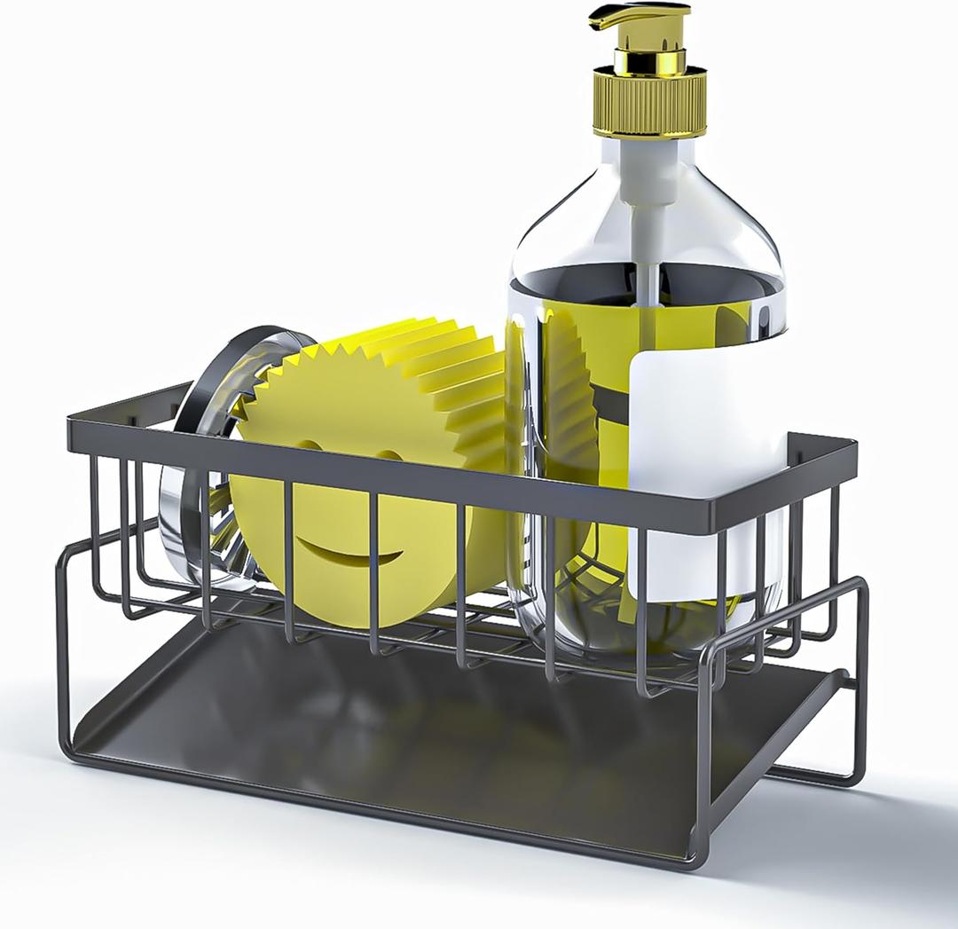 Sponge Holder for Kitchen Sink, Sink Caddy Organizer,Kitchen Essentials for Countertop-Self Drain Sponge Rack,Soap Dispenser Storage,Rustproof Stainless Steel,Black