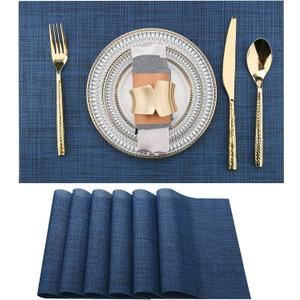 SLKQG Navy Blue Placemats Set of 6 - Easy Clean Washable Vinyl Placemats - Wipeable Heat Resistant Table Mats for Dining Table - 17x12 Inch (Navy Blue, 6)