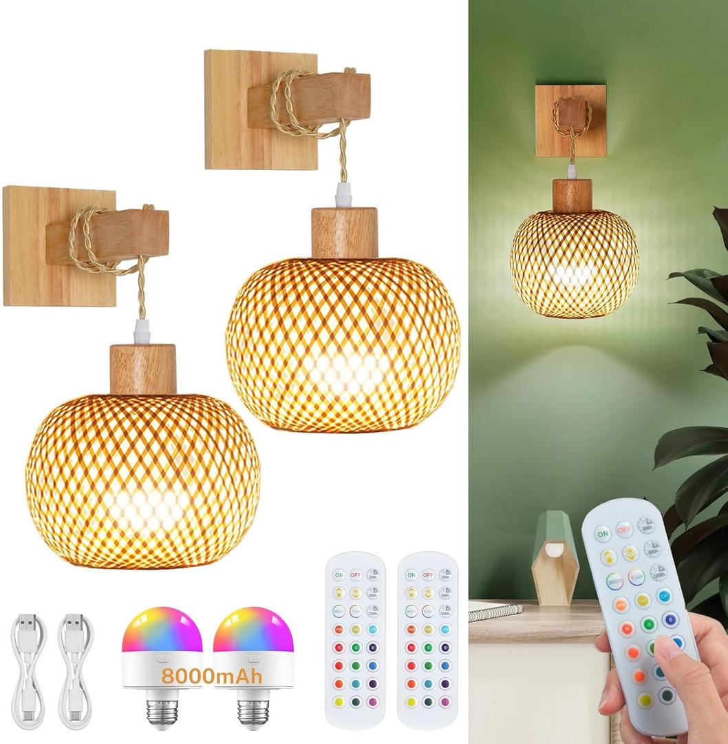 Battery Operated Wall Sconce with Remote Set of 2, Rechargeable Boho Wall Sconces with 8000mAh Bulbs, 3CCT+12RGB Dimmable Woven Bamboo Wall Light/Lamp Rattan Sconces for Bedroom Living Room