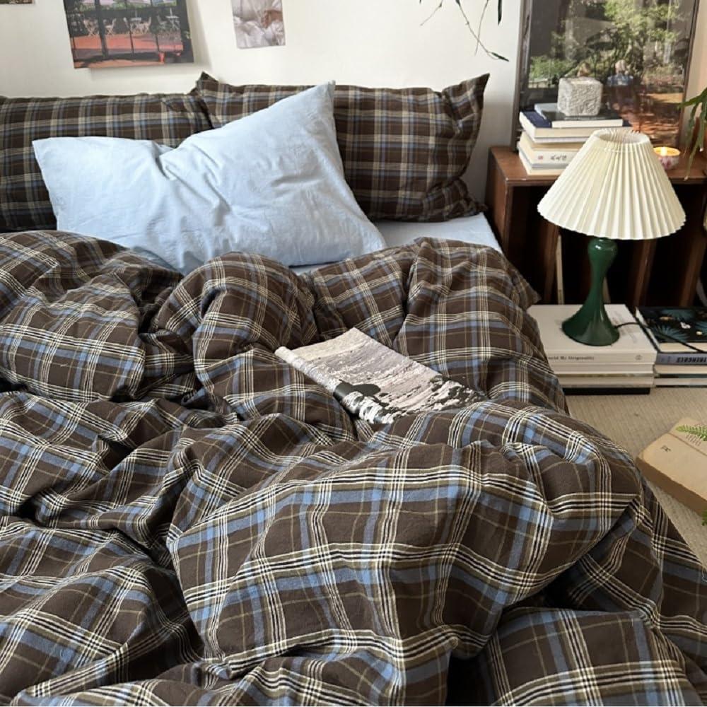 Gingham Duvet Cover Set Queen Size Brown Blue Bedding Set for Girls Boys,Vintage Buffalo Plaid Duvet Comforter Cover with Grid Pattern with Zipper Closure and 2 Pillowcases