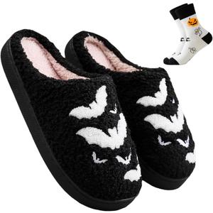 Halloween Slippers for Women, Ghost Slipper Bats Pumpkin Cookie Spider Web Fall and Winter Black Spooky House Shoes for Adult Men Indoor Outdoor, Cozy (5.5)