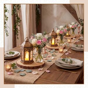 12 Set 7" Wedding Lantern with LED and 7-8" Wood Slice,Brown