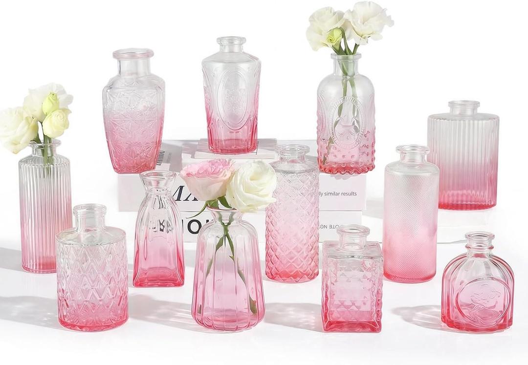 RUCKAE 12 Pack Glass Bud Vases Mini Flower Vase Small Vintage Vases for Centerpiece Table Wedding Decorations Home Decor Party (Gradient Pink)