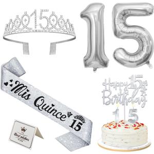 15th Birthday Decorations for Girls Silver with Mis Quince 15 Sash and Tiara, Cake Topper and Candles, Silver Number Balloons, 15 Year Old Gifts for Girls