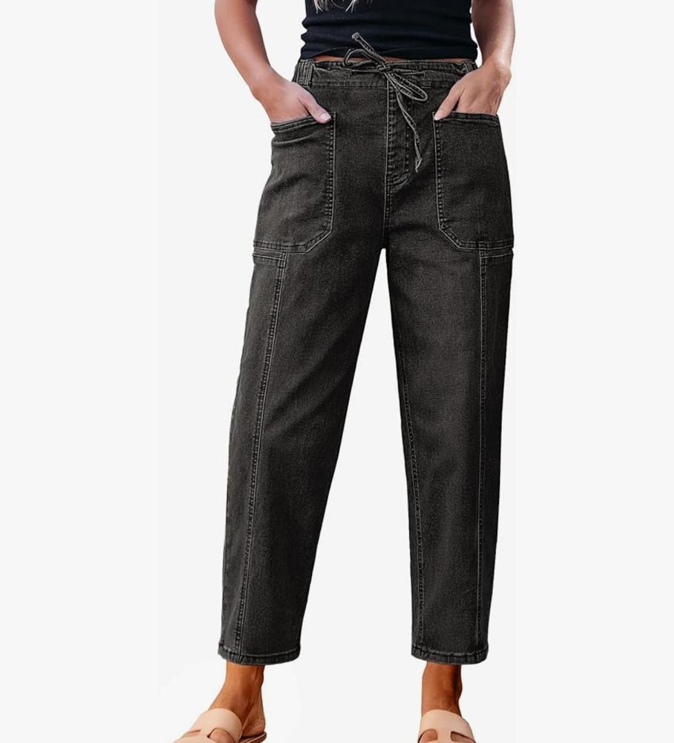 luvamia Barrel Jeans Women Trendy High Waisted Pull On Drawstring Elastic Waist Stretchy Denim Baggy Pants with Pocket, Size L
