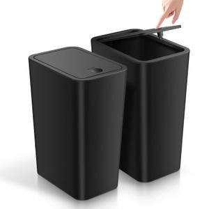 TIPGO Bathroom Trash Can with Lid, 4 Gallon / 15 Liter Small Garbage Can, Press Top Bin, Plastic Wastebasket with Pop-Up Lid for Bedroom, Living Room, Office (Black, 2 Pack)