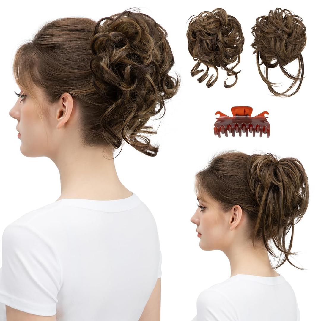 SARLA 2PCS Brown Messy Bun Hair Pieces for Women Detachable Claw Clip Wavy Curly Synthetic Hairpieces for Updos with Tendrils Fake Scrunchies Ponytail Extension Coffee Brown