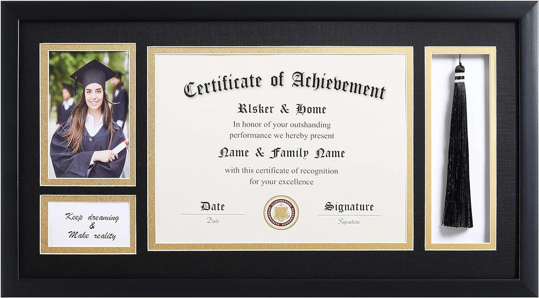 ELSKER&HOME 11x22 Diploma Frames with Tassel Holder for 8.5x11 Certificate Document Shadow Box, 4x6 Graduation Photo, Matte Black Frame, Degree Double Mat, Black with Gold Rim