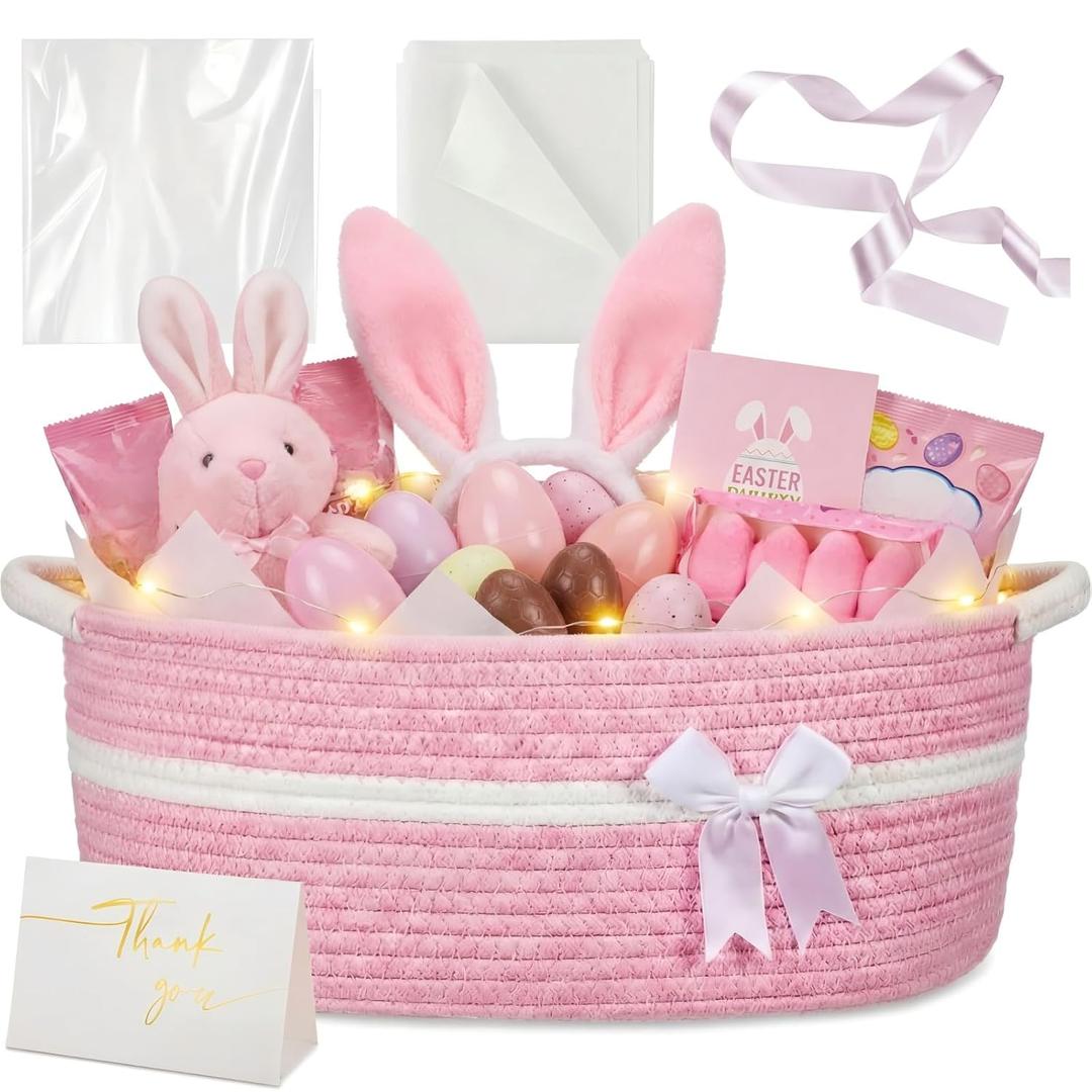 Colingmill Graduation Large Led Light Woven Gift Basket with Handles, Thank You Card, 14.5" x 11" x 6.3" Storage Bow Basket Empty for Wedding Baby Showers Pet Toy Bin(Pink)