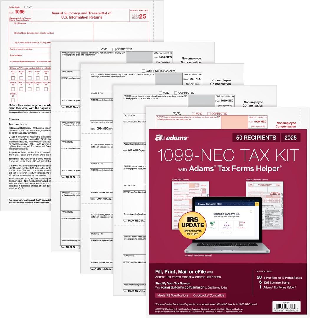 Adams 1099 NEC Forms 2025, 4-Part Kit for 50 Recipients, Includes 6 1096 Forms, QuickBooks Compatible, eFile Access and Printing Through Adams Tax Forms Helper Software (1017236)