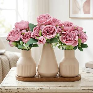 Flower Table Centerpiece - Dining Table Centerpiece Decor Set of 3 Fake Peonies in Ceramic Vases & Wood Tray Modern for Kitchen Island Living Room Coffee Table Home Decor (Dusty Pink)
