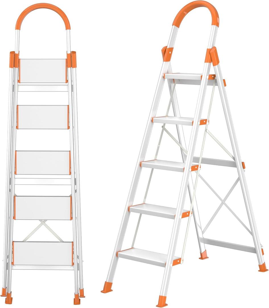 5 Step Aluminum Ladder, Lightweight and Anti-Slip Aluminum Step Ladder, Collapsible Folding Step Stool, Step Ladder 5 Step Folding for Kitchen Warehouse Home Indoor/Outdoor Use (Orange & Silver)