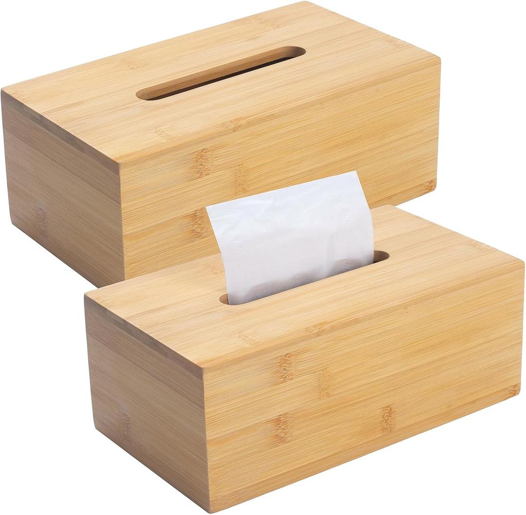 Tissue Box Cover, Rectangular Tissue Box Holder, Bamboo Facial Paper Holder for Bathroom, Bedroom, Dinner Table, Office (2 Pack, 9.8 x 5.5 x 3.7 inch)