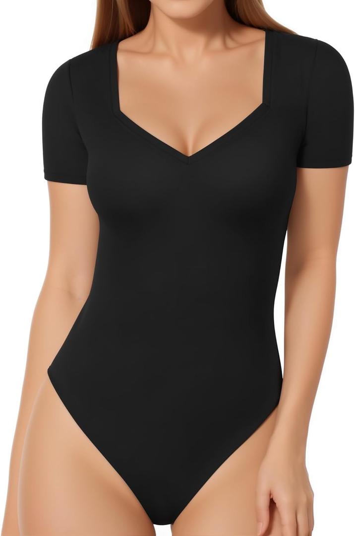 MANGOPOP Sweetheart V Neck Bodysuits for Women Long Short Sleeve Body Suits Tops Shirt (Large)