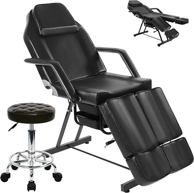 Tattoo Chair for Client, Facial Bed Esthetician Massage Headrest Table with Rolling Stool, Split Legs Design, Professional Beauty Lash Bed for Salon Spa Barber Massage Equipment, Black