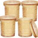 Flrolove 4-Pack Glass Qtip Holder Dispenser, 10oz Bathroom Organizers and Storage, Hobnail Cotton Round Holder for Qtips, Cotton Rounds, Balls & Floss Picks, Vanity & Makeup Apothecary Jars (Amber)
