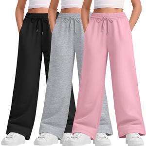 LessonZoo Teen Girls Sweatpants Wide Leg Drawstring Elastic Waist Pants Straight Leg Athletic Trousers with Pockets(Pink, Light Heather Gray, Black, 11-12 Years)