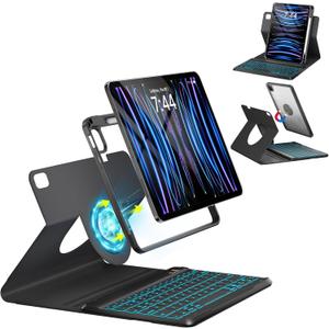 OYEEICE Keyboard Case for iPad Pro 12.9 inch 6th Gen 2022, 5th 2021, 4th 2020, Rotating Detachable Clear Cover with 7 Colorful Backlit Keyboard Wireless, Pencil Holder, Auto Wake/Sleep - Black
