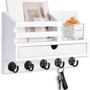 Key Holder Wall Mount, Mail Holder with Storage Drawer and 5 Key Hooks for Coat, Dog Leash, Home Decor Rack, House Accessories, Entry Way Organizer (Standard - 11.8 Inch, White)