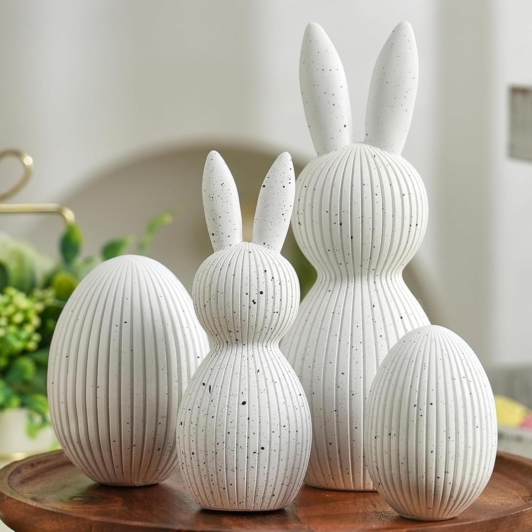 AOMOONOA White Bunny and Egg Figurine Set for Modern Easter Decor, 4Pcs Resin Easter Rabbit and Egg Statues with Speckle for Minimalist Home Shelf Mantle Decor, Tabletop Centerpiece