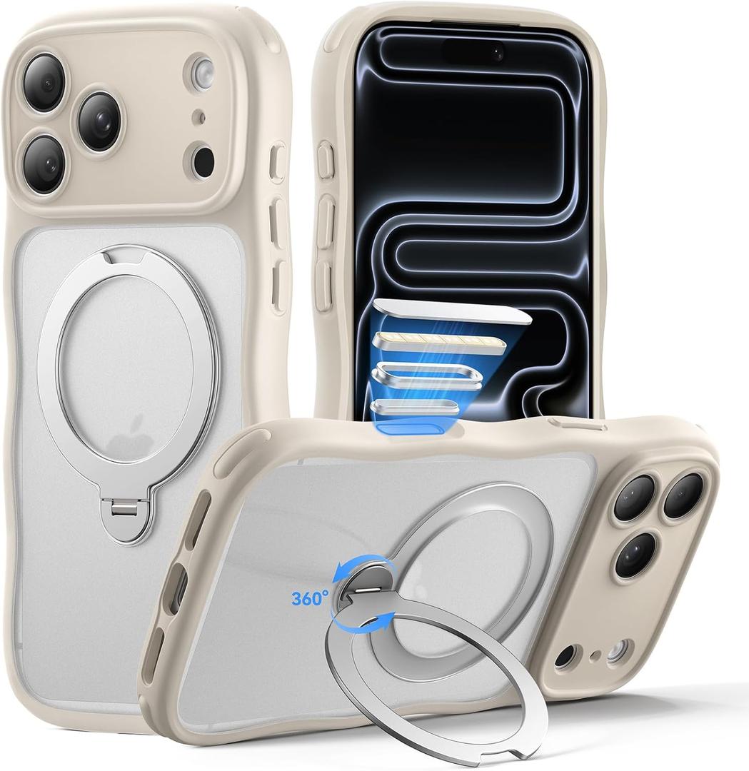for iPhone 17 Pro Max Case for Women Girls with Stand,Compatible with MagSafe,Camera Control,Full Camera Protection, Cute Wave Magnetic Phone Case for iPhone 17 Pro Max,Stone